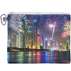 Dubai City At Night Christmas Holidays Fireworks In The Sky Skyscrapers United Arab Emirates Canvas Cosmetic Bag (xxxl) by Sapixe