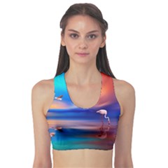 Flamingo Lake Birds In Flight Sunset Orange Sky Red Clouds Reflection In Lake Water Art Sports Bra