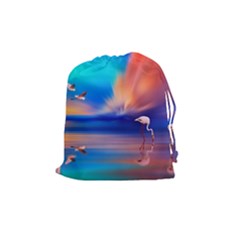 Flamingo Lake Birds In Flight Sunset Orange Sky Red Clouds Reflection In Lake Water Art Drawstring Pouches (medium)  by Sapixe