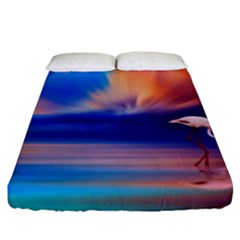 Flamingo Lake Birds In Flight Sunset Orange Sky Red Clouds Reflection In Lake Water Art Fitted Sheet (king Size)