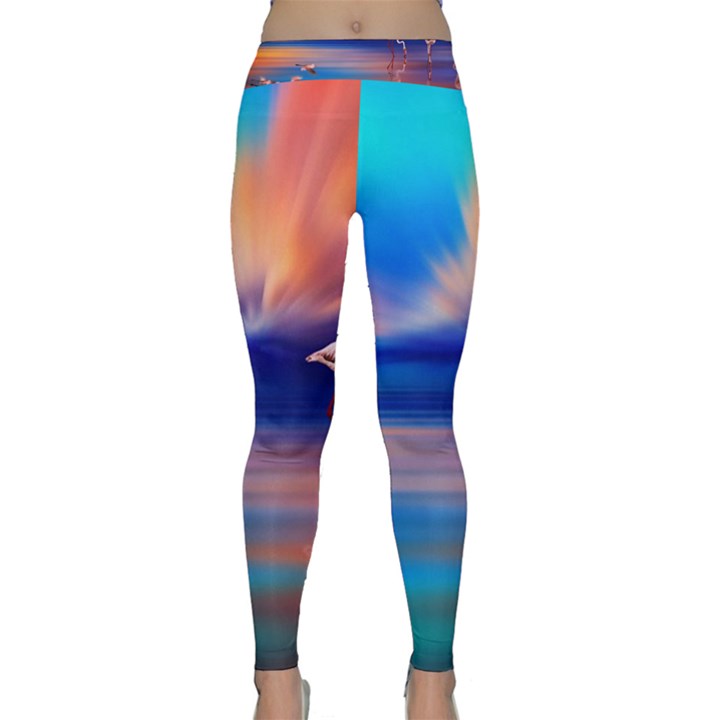 Flamingo Lake Birds In Flight Sunset Orange Sky Red Clouds Reflection In Lake Water Art Classic Yoga Leggings