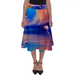 Flamingo Lake Birds In Flight Sunset Orange Sky Red Clouds Reflection In Lake Water Art Perfect Length Midi Skirt by Sapixe