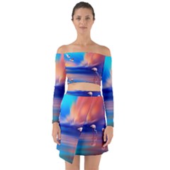 Flamingo Lake Birds In Flight Sunset Orange Sky Red Clouds Reflection In Lake Water Art Off Shoulder Top With Skirt Set by Sapixe