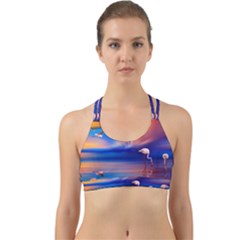 Flamingo Lake Birds In Flight Sunset Orange Sky Red Clouds Reflection In Lake Water Art Back Web Sports Bra