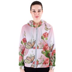 Flora Butterfly Roses Women s Zipper Hoodie by Sapixe