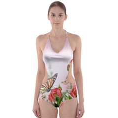 Flora Butterfly Roses Cut-out One Piece Swimsuit by Sapixe