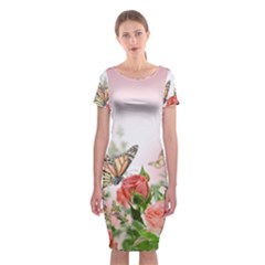 Flora Butterfly Roses Classic Short Sleeve Midi Dress by Sapixe