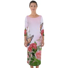 Flora Butterfly Roses Quarter Sleeve Midi Bodycon Dress by Sapixe
