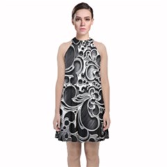 Floral High Contrast Pattern Velvet Halter Neckline Dress  by Sapixe