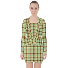 Geometric Tartan Pattern Square V-neck Bodycon Long Sleeve Dress by Sapixe