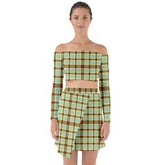 Geometric Tartan Pattern Square Off Shoulder Top With Skirt Set