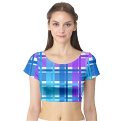 Gingham Pattern Blue Purple Shades Short Sleeve Crop Top by Sapixe
