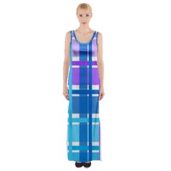 Gingham Pattern Blue Purple Shades Maxi Thigh Split Dress