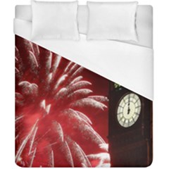 Fireworks Explode Behind The Houses Of Parliament And Big Ben On The River Thames During New Year’s Duvet Cover (california King Size) by Sapixe