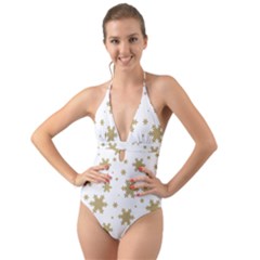 Gold Snow Flakes Snow Flake Pattern Halter Cut-out One Piece Swimsuit