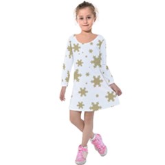 Gold Snow Flakes Snow Flake Pattern Kids  Long Sleeve Velvet Dress by Sapixe