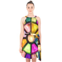 Glass Colorful Stained Glass Halter Collar Waist Tie Chiffon Dress