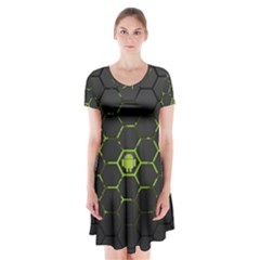 Green Android Honeycomb Gree Short Sleeve V-neck Flare Dress by Sapixe