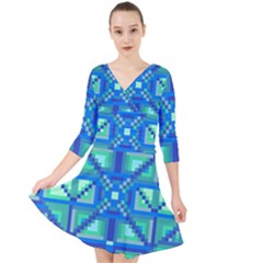 Grid Geometric Pattern Colorful Quarter Sleeve Front Wrap Dress
