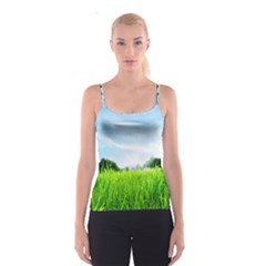 Green Landscape, Green Grass Close Up Blue Sky And White Clouds Spaghetti Strap Top