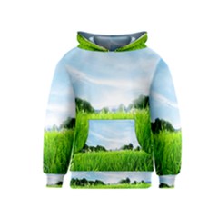 Green Landscape, Green Grass Close Up Blue Sky And White Clouds Kids  Pullover Hoodie by Sapixe