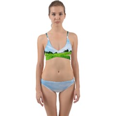 Green Landscape, Green Grass Close Up Blue Sky And White Clouds Wrap Around Bikini Set by Sapixe