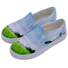 Green Landscape, Green Grass Close Up Blue Sky And White Clouds Kids  Canvas Slip Ons by Sapixe