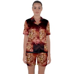 Wonderful Tiger With Flowers And Grunge Satin Short Sleeve Pyjamas Set by FantasyWorld7