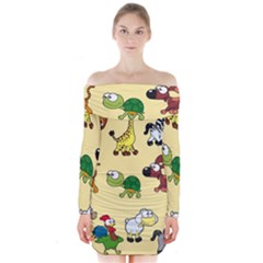 Group Of Animals Graphic Long Sleeve Off Shoulder Dress by Sapixe