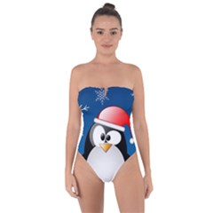 Happy Holidays Christmas Card With Penguin Tie Back One Piece Swimsuit