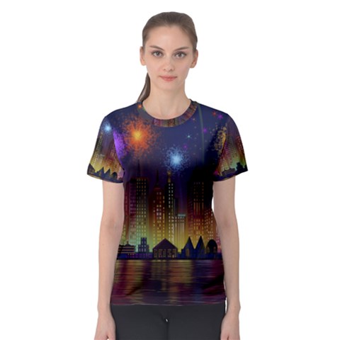 Happy Birthday Independence Day Celebration In New York City Night Fireworks Us Women s Sport Mesh Tee by Sapixe