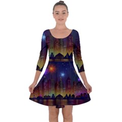 Happy Birthday Independence Day Celebration In New York City Night Fireworks Us Quarter Sleeve Skater Dress by Sapixe