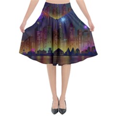 Happy Birthday Independence Day Celebration In New York City Night Fireworks Us Flared Midi Skirt by Sapixe
