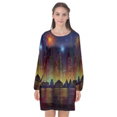 Happy Birthday Independence Day Celebration In New York City Night Fireworks Us Long Sleeve Chiffon Shift Dress  by Sapixe