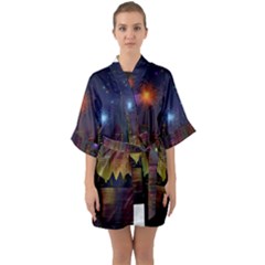 Happy Birthday Independence Day Celebration In New York City Night Fireworks Us Quarter Sleeve Kimono Robe by Sapixe