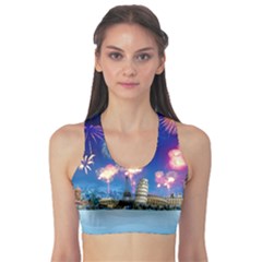 Happy New Year Celebration Of The New Year Landmarks Of The Most Famous Cities Around The World Fire Sports Bra by Sapixe