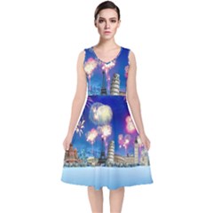 Happy New Year Celebration Of The New Year Landmarks Of The Most Famous Cities Around The World Fire V-neck Midi Sleeveless Dress 