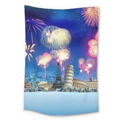 Happy New Year Celebration Of The New Year Landmarks Of The Most Famous Cities Around The World Fire Large Tapestry by Sapixe