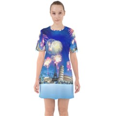 Happy New Year Celebration Of The New Year Landmarks Of The Most Famous Cities Around The World Fire Sixties Short Sleeve Mini Dress