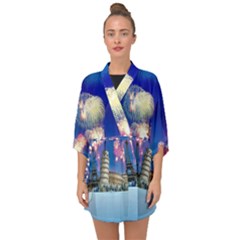 Happy New Year Celebration Of The New Year Landmarks Of The Most Famous Cities Around The World Fire Half Sleeve Chiffon Kimono by Sapixe