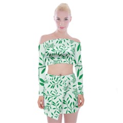 Leaves Foliage Green Wallpaper Off Shoulder Top With Mini Skirt Set