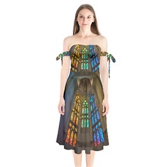 Leopard Barcelona Stained Glass Colorful Glass Shoulder Tie Bardot Midi Dress by Sapixe