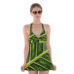 Leaf Dark Green Halter Dress Swimsuit  by Sapixe