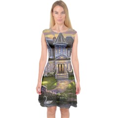 Landscape House River Bridge Swans Art Background Capsleeve Midi Dress