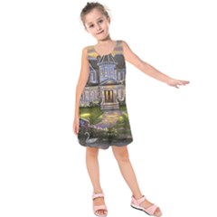Landscape House River Bridge Swans Art Background Kids  Sleeveless Dress