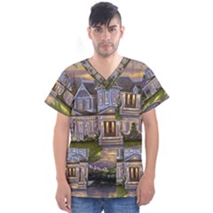 Landscape House River Bridge Swans Art Background Men s V-neck Scrub Top