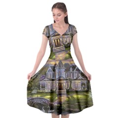 Landscape House River Bridge Swans Art Background Cap Sleeve Wrap Front Dress