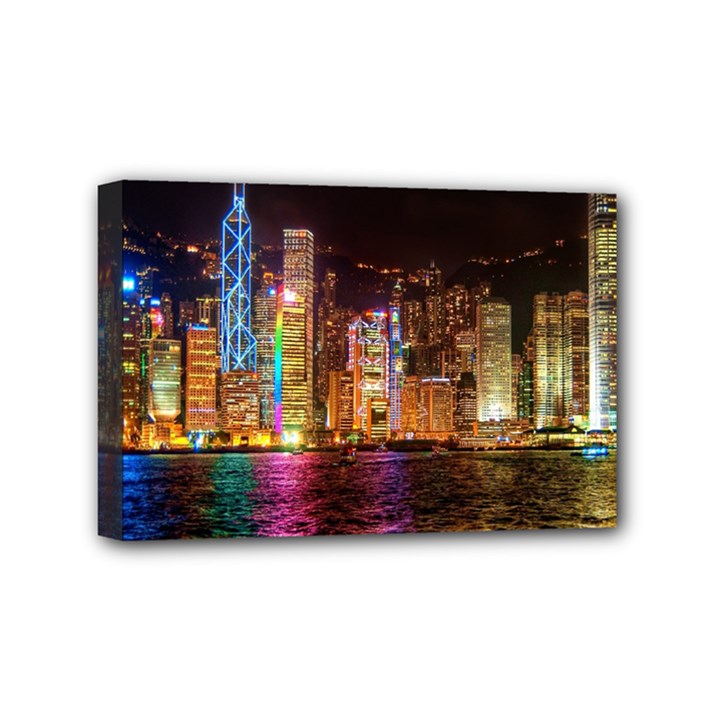 Light Water Cityscapes Night Multicolor Hong Kong Nightlights Mini Canvas 6  x 4 