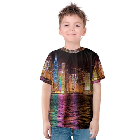 Light Water Cityscapes Night Multicolor Hong Kong Nightlights Kids  Cotton Tee by Sapixe