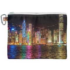 Light Water Cityscapes Night Multicolor Hong Kong Nightlights Canvas Cosmetic Bag (xxl)